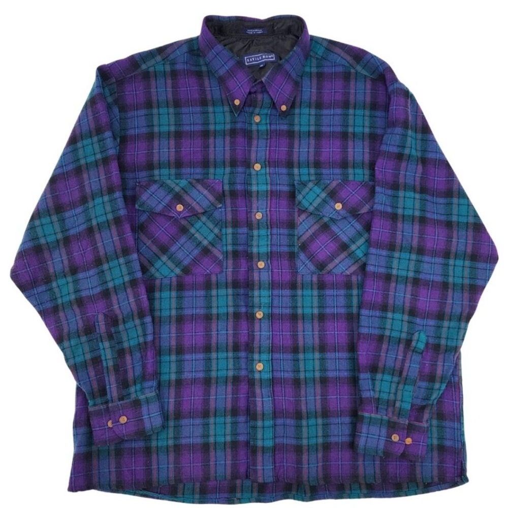 Vintage Savile Row Men’s Purple and Teal Plaid Flannel Button Down Shirt